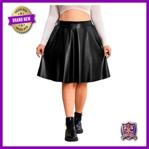 Plus Size High Waist PU Leather Flared Skater Skirt Knee Length A-Line